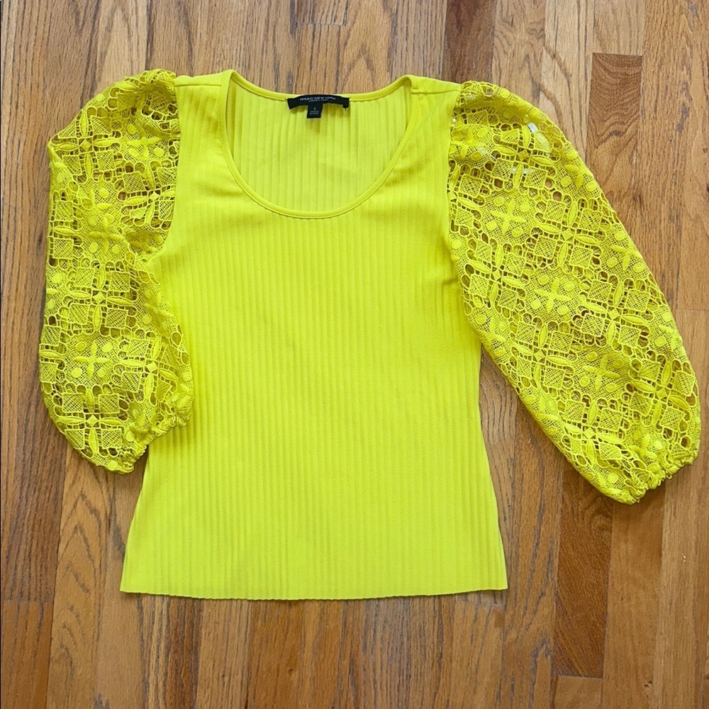 Marc New York Yellow Lace Puff-Sleeve Ribbed Top - Picture 3 of 8
